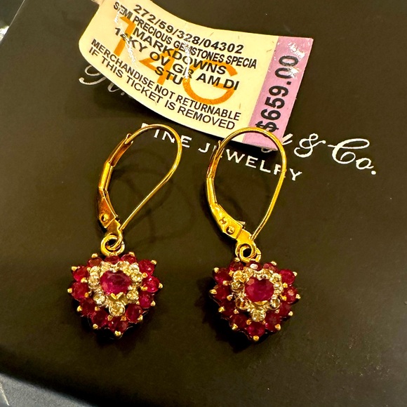 14K Solid Real Gold NATURAL Ruby & Diamond long dangle earrings sparkly! - Picture 11 of 12